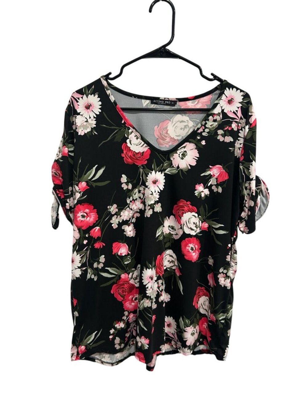 Acting Pro 1X Floral V-Neck Top Tie-Sleeve Black Red Gardencore Romanticcore
